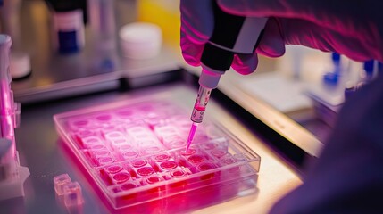 Poster - A gloved hand using a pipette to dispense a pink liquid into a multi-well plate