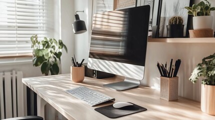 Minimalist Home Office Desk Setup with Sunlight, Computer, and Plants, minimalism, home office, desk setup