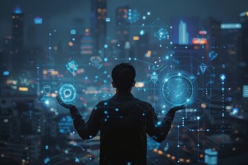 Poster - A figure stands against a dark skyline, manipulating vibrant digital holograms, representing a fusion of technology and urban life in a futuristic setting.