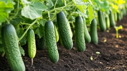 Wall Mural - Close-up of cucumber plants flourishing in perfectly aligned rows
