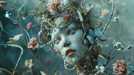 Wall Mural - A woman's face emerges from a tangle of branches, vines, and flowers, her eyes wide with wonder.