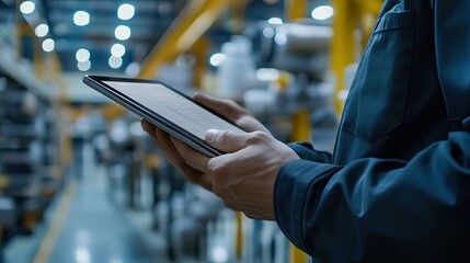 Poster - A worker's hand holding a tablet displaying a data graph in a factory setting.