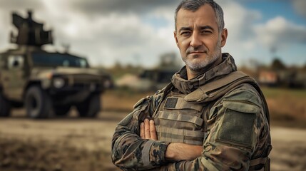 Wall Mural - Confident Soldier in Camouflage with Military Vehicles at a Base, Western European Male, Army Defense, Tactical Gear