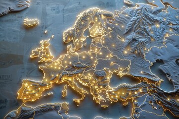 Poster - A detailed topographical representation of Europe highlights cities and geographical features illuminated by glowing outlines, creating a vibrant nighttime landscape.