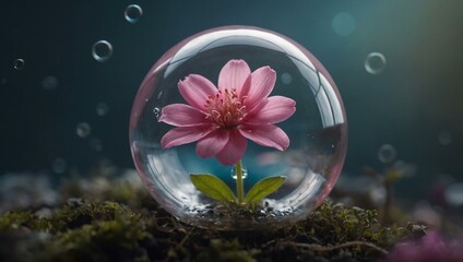 Sticker - A pink flower floating in a glass bubble.