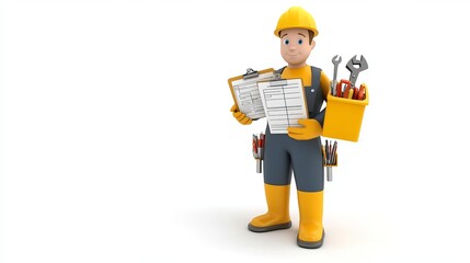 3Drendered white figure in overalls holding checklists and tools isolated on a white background