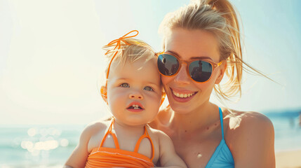 Canvas Print - beautiful young mother wearing sunglasses and swimsuit is holding her baby at the beach 