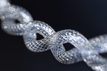 Poster - A transparent, flexible tube is twisted elegantly, revealing its textured surface and intricate design against a dark backdrop. The details emphasize its clarity and unique structure.