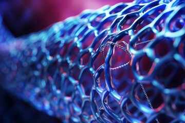Poster - Intricate metallic structure captured in vibrant blue and purple lighting displays modern design elements, highlighting details of the unique pattern and texture.