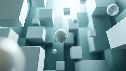 Poster - A 3D abstract background with cubes and spheres floating in space, casting soft shadows. -