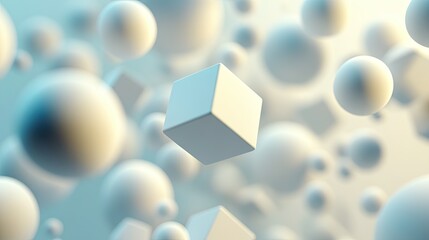 Poster - A 3D abstract background with cubes and spheres floating in space, casting soft shadows. -
