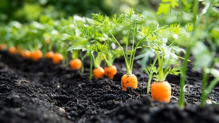 Wall Mural - Close-up of vibrant orange carrot plants growing in rows
