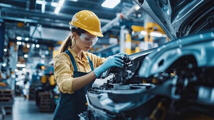 Poster - Female Mechanic Working on Car in Factory Setting