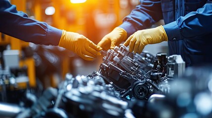 Poster - Close-up of gloved hands inspecting a car engine during production.