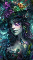 Wall Mural - A woman with green eyes and a floral crown, surrounded by flowers and butterflies.