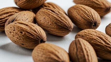 Almonds close-up on a clean white background.