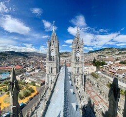 Old town of Quito seen from the top of a gothic cathedral of the city center, Ecuador 