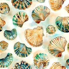 Wall Mural - Sea Shells Watercolor Seamless Pattern