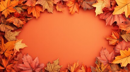 Wall Mural - Vibrant autumn leaves framing a blank, solid color background, creating a festive fall scene with copy space