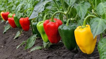 Wall Mural - Close-up of green pepper plants growing in a neat row
