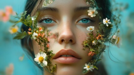 Wall Mural - A young woman's face is surrounded by delicate flowers, creating a beautiful and ethereal image.