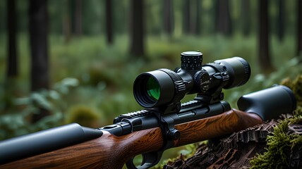 A sharp focus on the rifle scope with a beautiful forest background blurred, showcasing the advanced technology and clean lines of the hunting firearm.