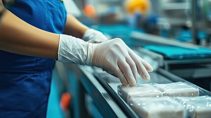 Poster - A gloved hand carefully sealing a package of food on a conveyor belt.