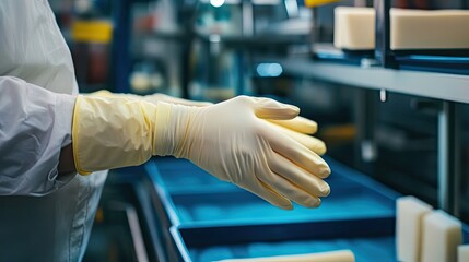 Poster - Close-up of a gloved hand reaching into a blue tray in a factory setting.