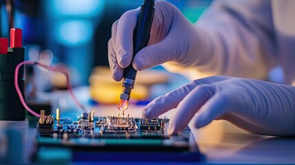 Poster - Close-up of a gloved hand using a tool to examine a circuit board.