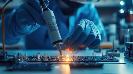 Poster - Close-up of a gloved hand soldering a circuit board