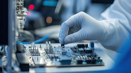 Poster - Gloved Hand Placing a Microchip on a Circuit Board