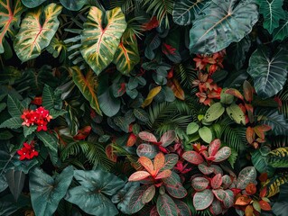 Wall Mural - Lush green and red foliage create a natural backdrop.