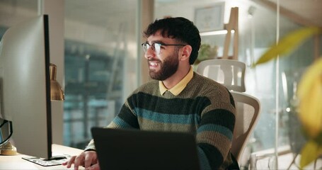 Poster - Fist pump, success and technology with business man at desk in office for administration or research. Accounting, bookkeeping and winner with finance employee at work, cheering for wealth management