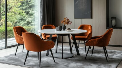 A round dining table with black metal legs and a white top, surrounded by four brown chairs on a gray carpet in front of a gray wall with a window. 