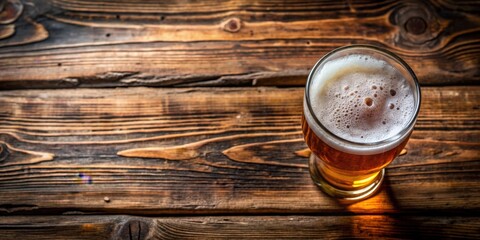 Poster - Top view of a full glass of beer on a rustic wooden background