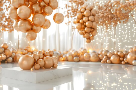 Gold podium with balloons and gifts marks special events.