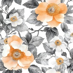 Watercolor Floral Seamless Pattern with Orange and White Flowers