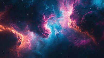 Poster - A cosmic abstract background with swirling clouds of gas and dust in deep space, glowing with vibrant colors.