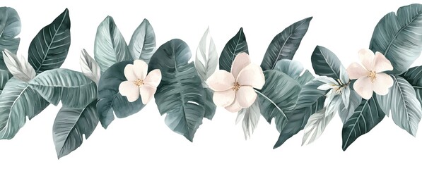 Canvas Print - Tropical leaves and flowers seamless border, watercolor illustration