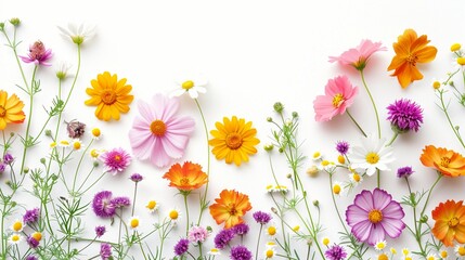 vibrant array of colorful wildflowers including cosmos, daisies, and marigolds arranged on white bac