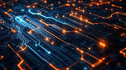 Poster - A digital abstract background with a circuit board pattern, featuring glowing lines and nodes. --