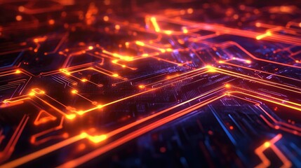 Poster - A digital abstract background with a circuit board pattern, featuring glowing lines and nodes. --