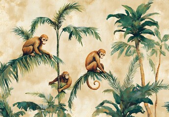 Wall Mural - Three Monkeys in Palm Trees Watercolor Painting