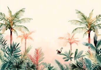 Watercolor Painting of Palm Trees and a Monkey in a Tropical Jungle