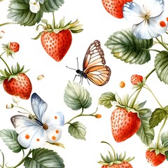 Canvas Print - Watercolor Strawberry and Butterfly Seamless Pattern