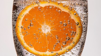 A juicy, bright orange slice floating in a glass of sparkling water, with bubbles rising to the surface.