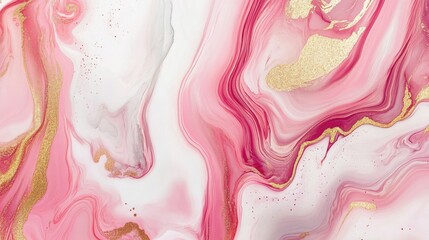Leinwandbilder - A liquid marble effect in shades of pink, gold, and white, creating a smooth, flowing abstract background.