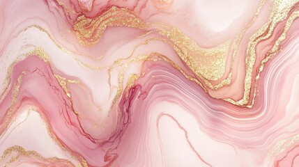 Poster - A liquid marble effect in shades of pink, gold, and white, creating a smooth, flowing abstract background.