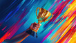 © Maxim Stepanov - Hand holding a winning trophy on abstract background