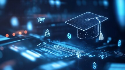 Wall Mural - digital education concept with icons of computer, graduation cap and school board on blurred background. Digital learning online system for distance education or futuristic new AI technology